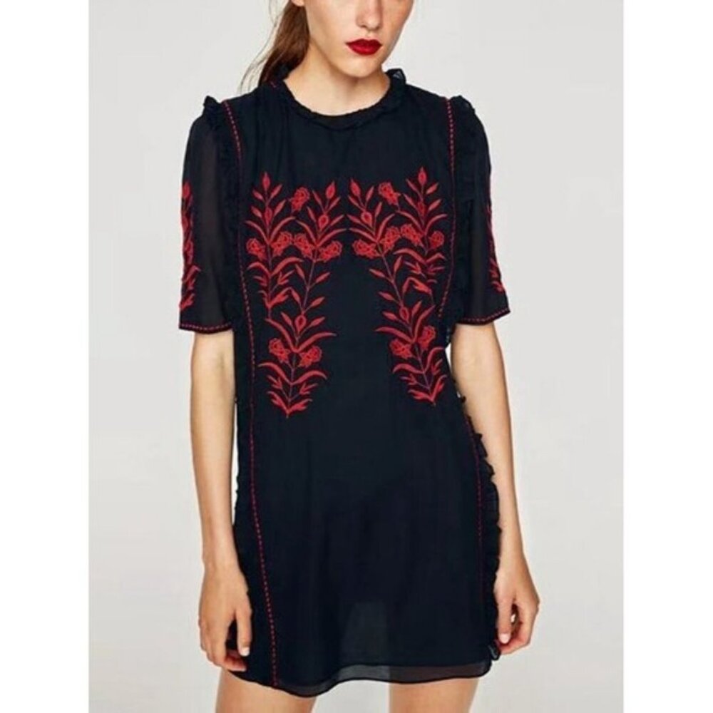 Zara TRAFALUC Collection Dress Bohemian Embroidery Mix Ruffle Dress Size MEDIUM